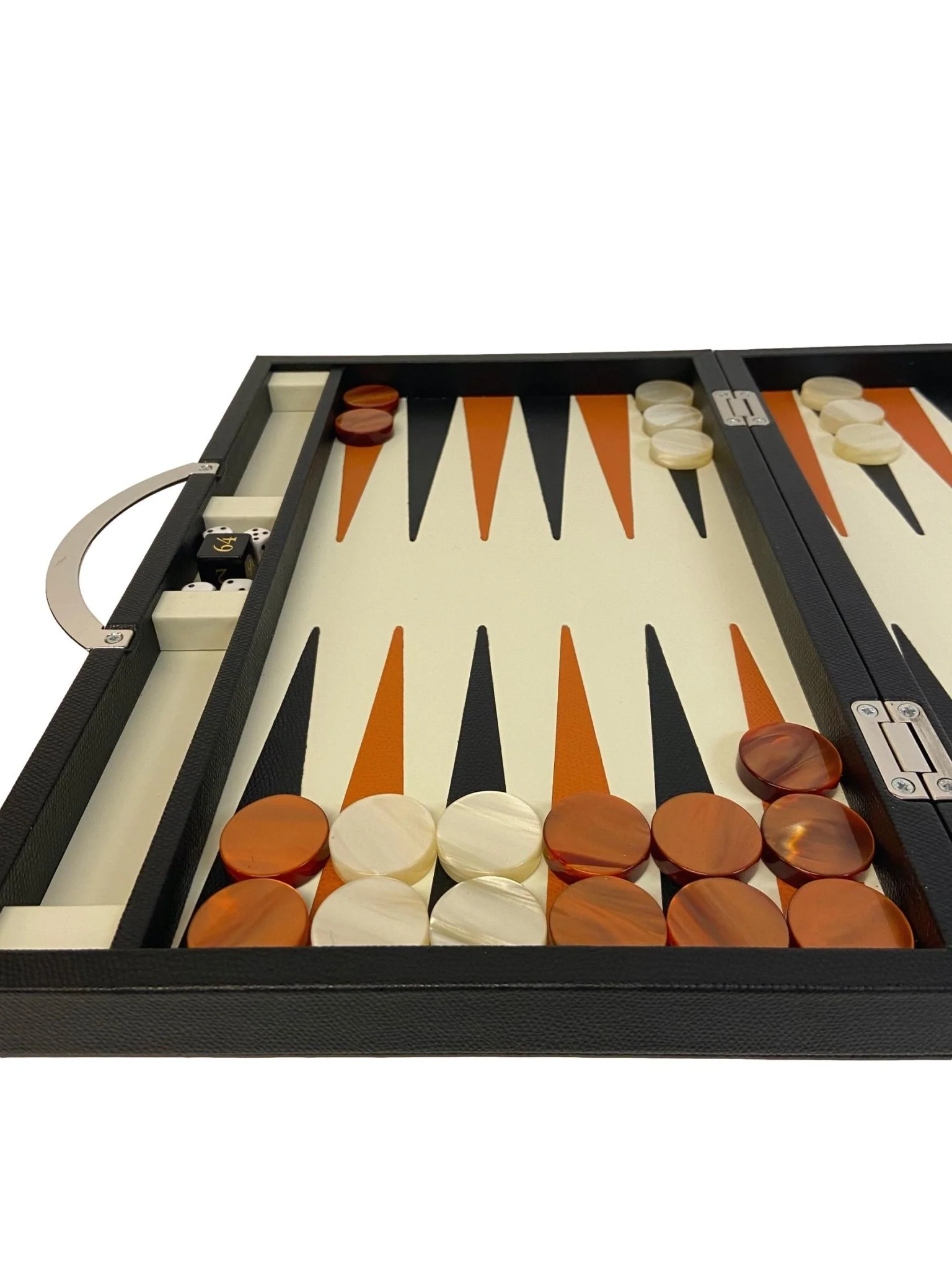 Backgammon Cuir véritable GM - Noir / Orange - Renzo Romagnoli - Image 4